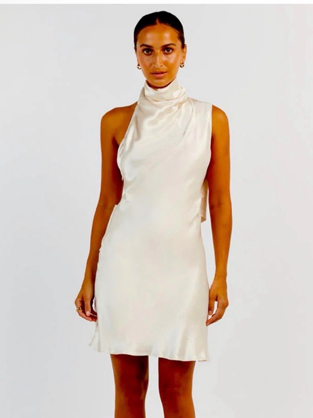 DISSH Ivory Satin High-Neck Mini Dress